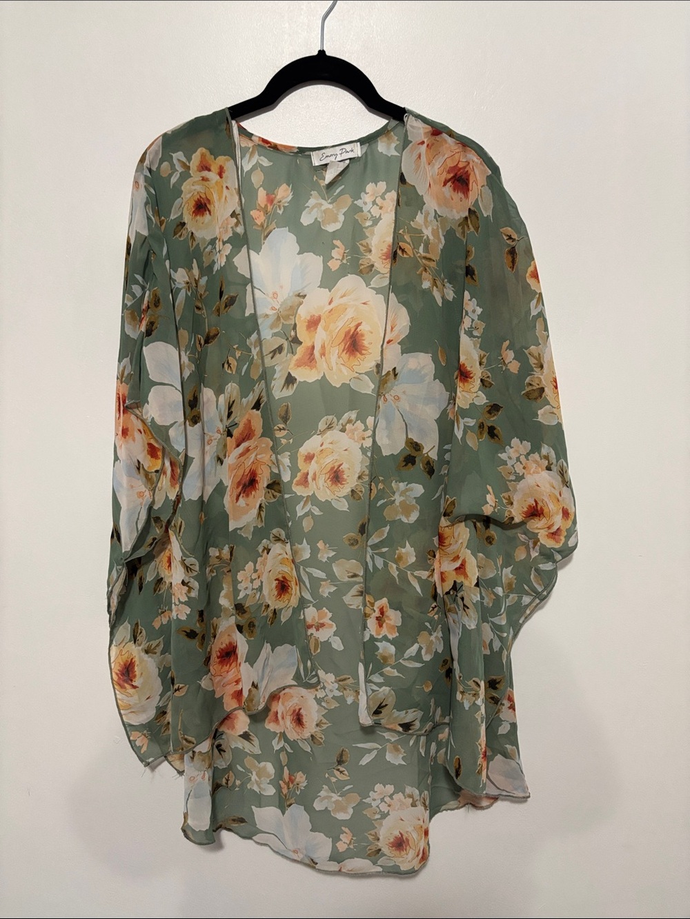 Emory Park Sage Green Floral Sheer Kimono Duster Cardigan Size Large L Boho